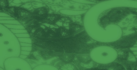 Blurred green fabric with artistic paisley designs and ornamental details, offering a soft and sophisticated textile for creative applications.の写真素材