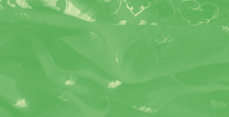 Blurred green fabric with gentle folds and intricate white floral patterns. The smooth texture...