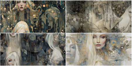 seamless texture, Abstract portrait of a burlesque woman with long white hair. A chandelier on the ceiling can be seen in the background. Uses painting techniques such as climbing on canvas.の素材