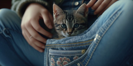 a girl with a cat in her pocket at home is photographed only a cat and a pocket on her jeansの素材