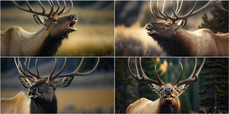 Bull elk with velvety horns licks lips with tongue hanging out, YNP, USAの素材