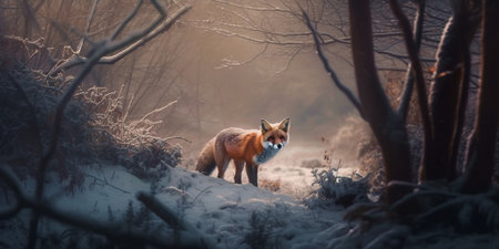 A winter storm hits the forest and the little red fox must find a warm and safe place to surviveの素材