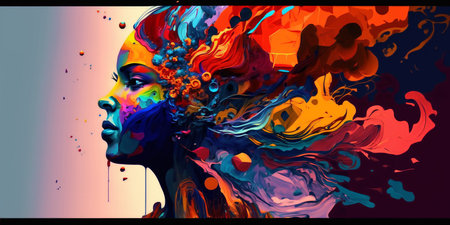 abstract colorful painting, figurative art, surrealism, music, literature or painting. illustrations of shapes, portraits of people, hands, stains and textures for the backgroundの素材