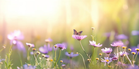 Abstract defocused spring - purple daisies and butterflies on the grass in a sunny fieldの素材