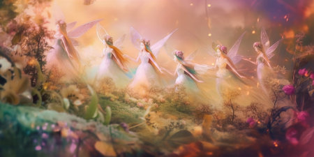 abstract fairies in the valley of the fairies with flora in pastel colors, illustrationの素材
