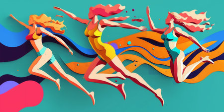 Happy free people fly, swim and jump in the ocean. The concept of freedom, development and aspirations. Men and women go forward. Color illustration on a white background.の素材