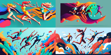 Happy free people fly, swim and jump in the ocean. The concept of freedom, development and aspirations. Men and women go forward. Color illustration on a white background.の素材