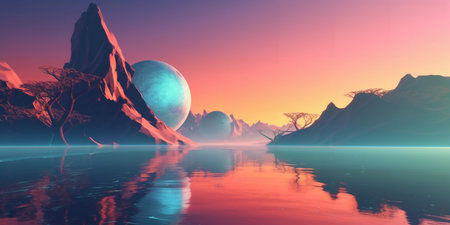 An abstract landscape, a surreal otherworldly sensation, The emergence of a persistent sense of unreality of perception in some otherworldly space between worlds. The sky and the surface of the lakeの素材