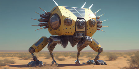 Illustration. Solarpunk mech powered by solar panels. This is a genre and direction of art that represents how to create the future if humanity managed to solve modern contemporary problems.の素材