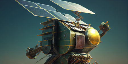 Illustration. Solarpunk mech powered by solar panels. This is a genre and direction of art that represents how to create the future if humanity managed to solve modern contemporary problems.の素材