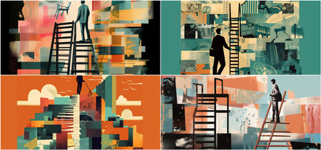 A visual representation of a young person's search path. Uses collage techniques for adventure milestones and achievements. Emphasizes significant introspection and goal setting through visual means.の素材