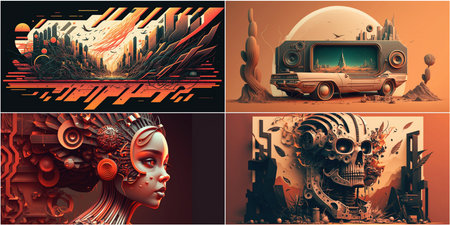 Supports a matrix board with hieroglyphs Uses vector graphics for more design flexibility Includes cartoonish exaggeration and a vintage aesthetic. The scene captures the essence of heavy metal comicsの素材