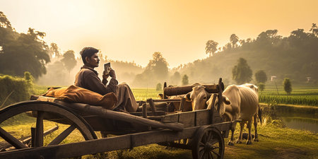 Depicts a scene in which an Indian uses a mobile phone while lying on a wooden cart surrounded by cattle. Represents the fusion of traditional and modern elements in India.の素材