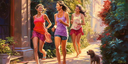 Image of a woman laughing and having fun after a workout Encourages people to have a positive attitude towards fitness Encourages communication and meeting with friends after a workoutの素材