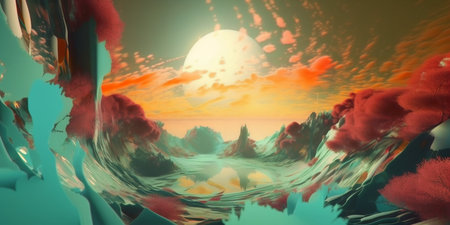 An abstract landscape, a surreal otherworldly sensation, The emergence of a persistent sense of unreality of perception in some otherworldly space between worlds. The sky and the surface of the lakeの素材