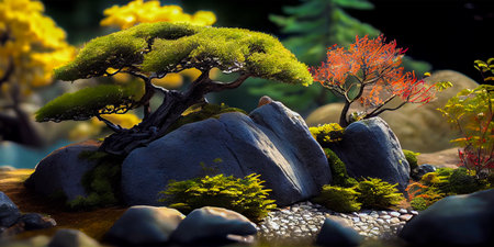 Create a calm and meditative space with a Japanese rock garden. Incorporate elements such as rocks, gravel, moss, and plants into a minimalist design. Use comb patterns on gravel to symbolize waterの素材