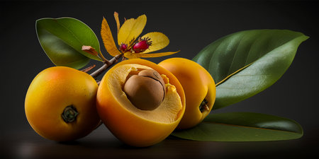 Fresh and vibrant longan fruit Beautiful green leaves add a touch of nature Ideal for use in food photography or design projectsの素材