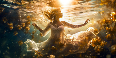 A visually stunning portrayal of the goddess in a serene underwater scene. White translucent dress flowing underwater. Light spring flowers blooming in water. Sunlight shining through blue water.の素材