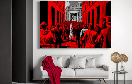 Interior of modern living room with sofa, armchair, coffee table, coffee table and red wall with mock up posterの素材