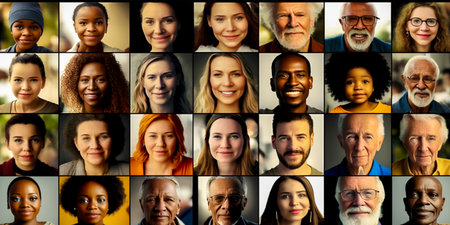 Showcases a diverse group of people from different races. Celebrates multiculturalism and inclusiveness. Shows the beauty of unity in the diversity of different age groups.の素材