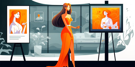 Flat vector illustration of a woman creating a digital image. Introduces the concept of future innovation with NFTs. Demonstrates creativity and artistic potential in the creation of digital art.の素材