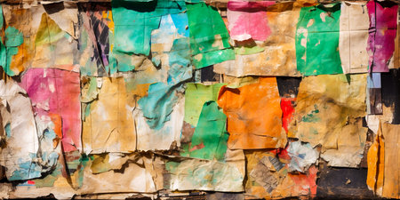 Collage style with torn.vintage elements Colorful street posters for a vibrant look Crumpled paper textured background adds depth and characterの素材