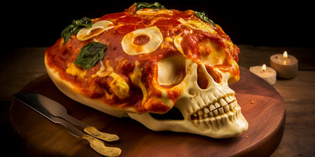 Unique pizza concept with skull shaped pizza. Variety of delicious toppings and flavors. Perfect for Halloween parties or themed events.の素材