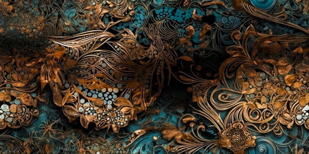 Printed butterfly designs in metallic colors such as black, gold, copper, teal and silver. Abstract prints with decorative and decorative details.の素材