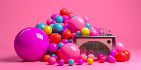 3d rendering of a radio and record among colorful balloons on a pink background Creative and vibrant design concept Ideal for music or parties, themed events or promotionsの素材