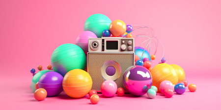 3d rendering of a radio and record among colorful balloons on a pink background Creative and vibrant design concept Ideal for music or parties, themed events or promotionsの素材