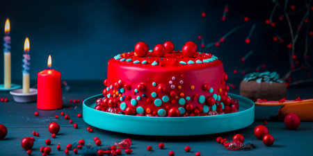 Bright red Christmas cake as centerpiece Attractive blue background with garland accents Perfect dessert for holiday celebrations. Festive and colorful design to brighten up your partyの素材