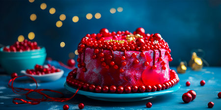 Festive and colorful Christmas cake design. Contrasting colors of red and blue create a visually striking image. Garland decorations add a touch of festive mood to the cake.の素材