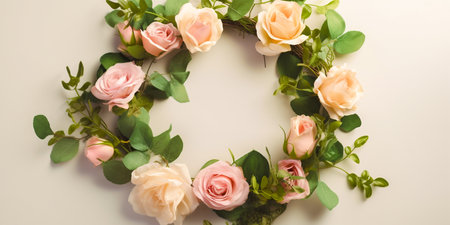 Aesthetic and elegant design with roses, pink flowers and green leaves. Ideal for weddings, events or home decor. The round shape gives the wreath a unique touch.の素材