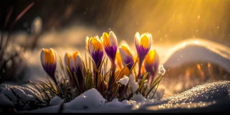 Beautiful flowers blooming in the snow A sign of spring and new beginnings A natural way to live up a winter landscapeの素材