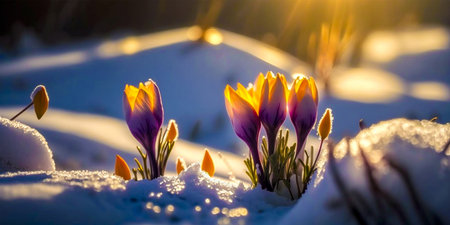 Beautiful spring flowers emerge from under the snow A symbol of new beginnings and rebirth Crocus flowers bring color and life to a winter landscapeの素材