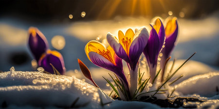 Beautiful and delicate spring flowers Blossoming over the melted snow create a striking contrast Mean the arrival of warm weather and the end of winterの素材