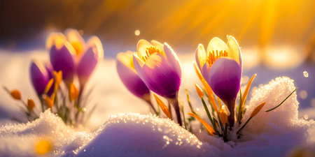 A beautiful sight of spring crocuses blooming on melted snow Symbolizes the arrival of spring and the end of winter Bright colors bring joy and a sense of renewalの素材