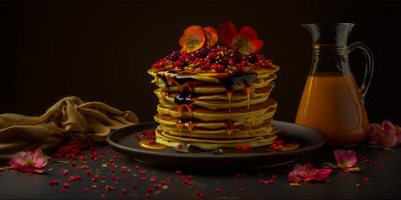 A stack of fluffy pancakes with vibrant pomegranate seeds The perfect combination of sweet and spicy flavors An attractive and tasty option for breakfast or brunchの素材