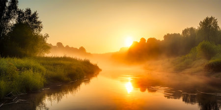 Captures the serene beauty of a misty summer morning by the river Creates a peaceful and calming backdrop of nature Ideal for relaxation, meditation or as a screen saverの素材