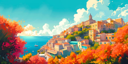 Beautiful digital illustration of the sunny landscape of Amalfi. With bright floral elements. Ideal for use in digital projects or as a wall art. Includes flat design style.の素材