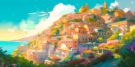 Beautifully illustrated sunny landscape with Amalfi flowers Perfect for digital art or print Perfect for creating fun and vibrant designsの素材