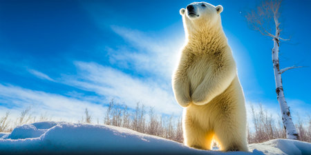 The majestic polar bear strides gracefully across the pristine white snow Its powerful steps leave imprints on the pristine landscape The thick fur of the bear protects it from the bitter coldの素材