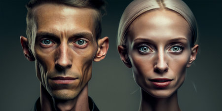 Characters with unique and distinctive features, including long necks and slanted eyes Clear visual resemblance between male and female characters Potential for visually striking and intriguing designの素材