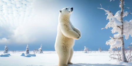 The majestic polar bear strides gracefully across the pristine white snow Its powerful steps leave imprints on the pristine landscape The thick fur of the bear protects it from the bitter coldの素材