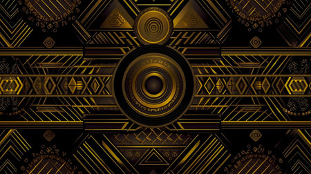 Black and gold colors create a sleek and futuristic look. The geometric shapes of the pattern create a modern aesthetic. The seamless design ensures continuous flow without interruption.の素材