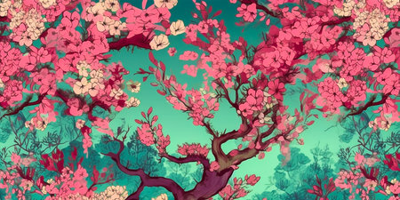 Artistic pattern inspired by Japanese culture. Delicate sakura flowers in a seamless design. Perfect for adding elegance to any project or decor.の素材