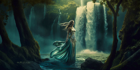 A work of art inspired by mythological goddesses and nature. Depicts a serene oasis with a cascading waterfall. Combines elements of fantasy and realism in style.の素材