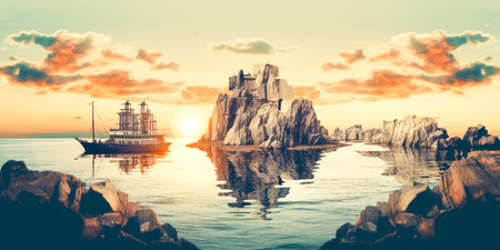 A collage of cut out photos with vintage toning for a surreal effect. Includes an image of a fortress with a seascape and cliffs at sunset. Represents Dada minimalism and distinctive art.の素材