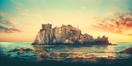 A surreal collage of cut out photos with vintage toning. Seascape fortress and rock at sunset. Dada minimalism,の素材