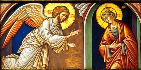 The angel Gabriel announces to the Virgin Mary, betrothed to Joseph, about the descent of the Spirit on him and the birth of his son Jesus who will be great and will be called the Son of the Most Highの素材